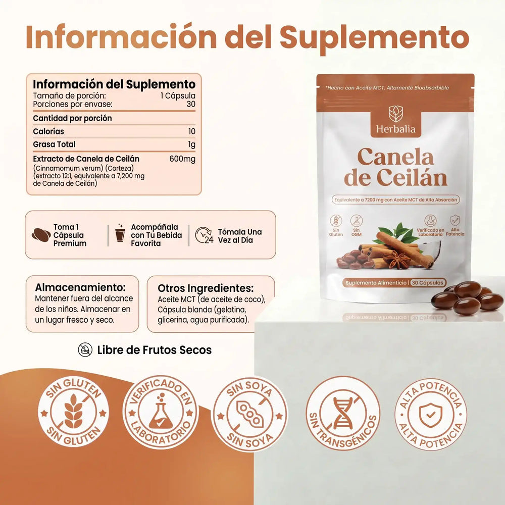Canela de Ceilán con Aceite MCT – Equivalente a 7200 mg